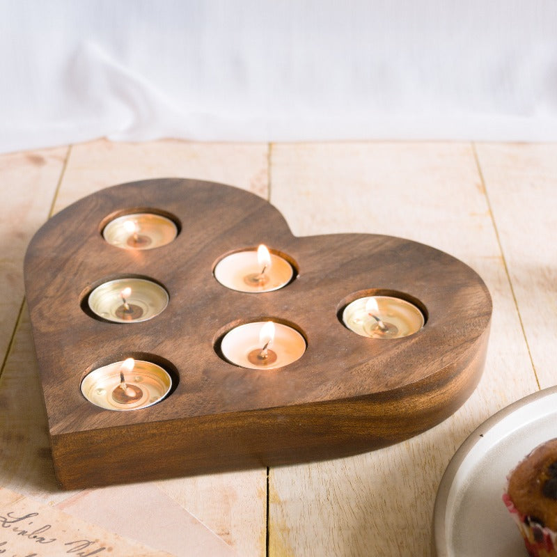 Wooden Heart Shaped Tea-Lights Tray